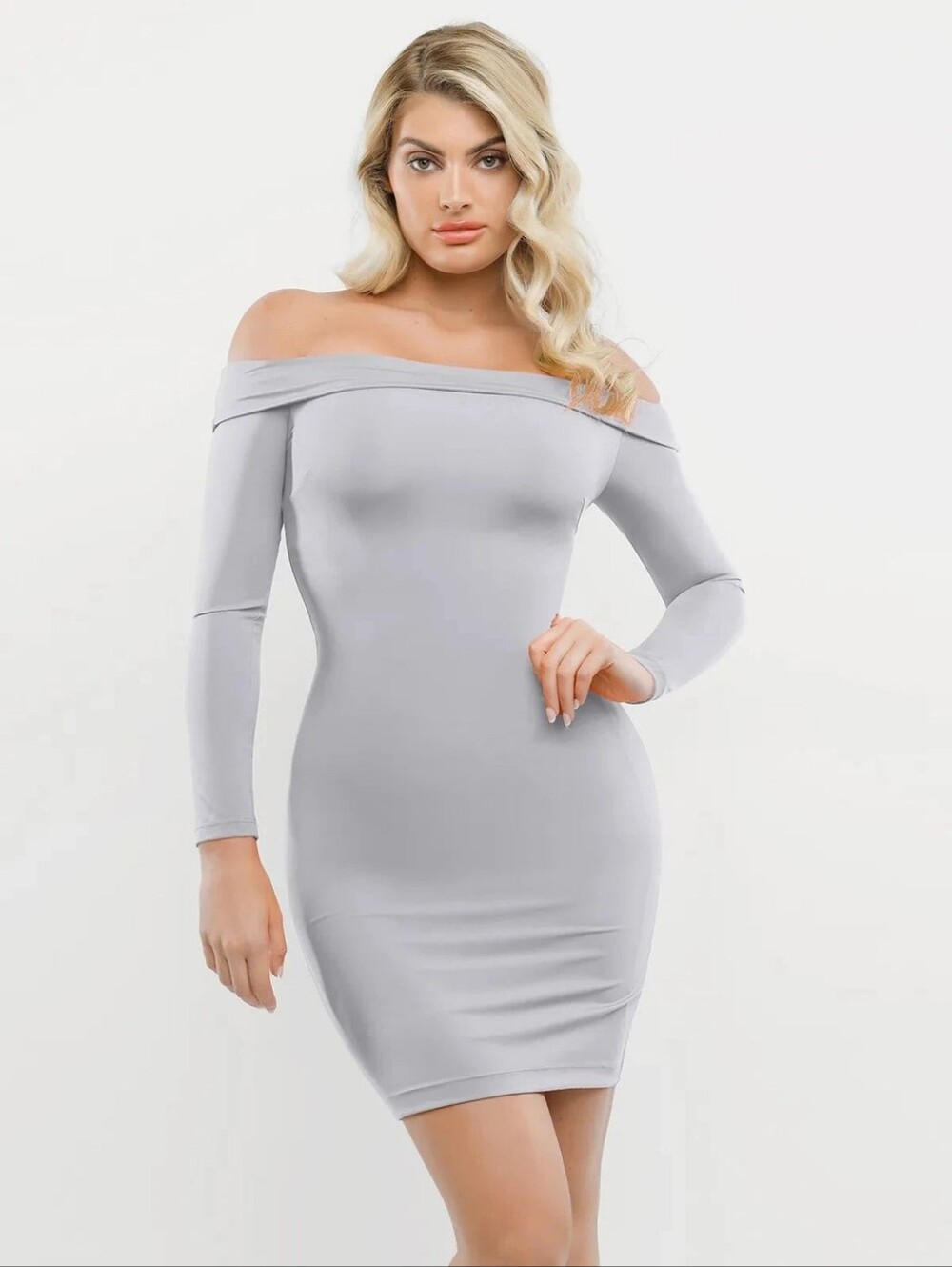 NWT Popilush Built-In Shapewear Off-Shoulder Bodycon Dress Light Gray | 3XL